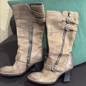 Born Taupe Treddy Heeled Boots with Chunky Heel and Zipper